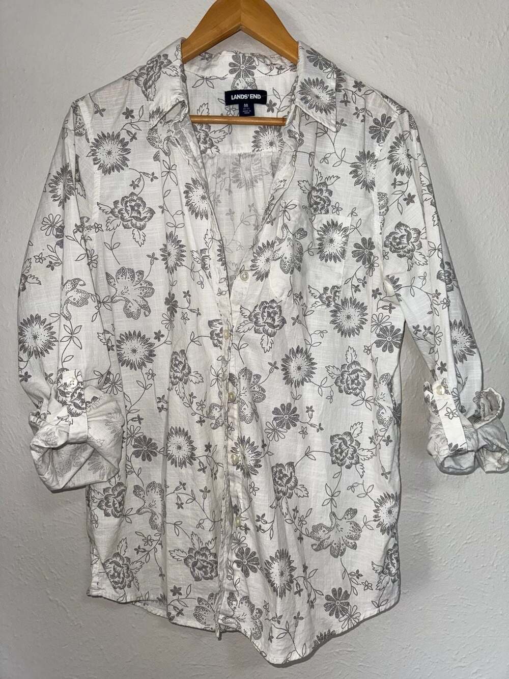 Lands' End Women's White Floral Print Cotton Button-Down Shirt